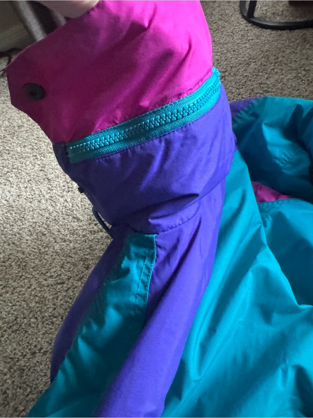 VINTAGE. 90’s Columbia Teal Ski One-Piece Suit with Purple and Pink Accents - Picture 7 of 10